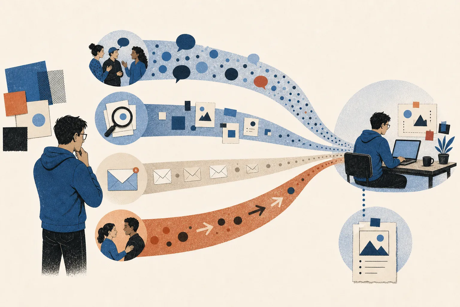 Editorial illustration of conversations, search, email, and referrals converging on an independent founder's product workspace.