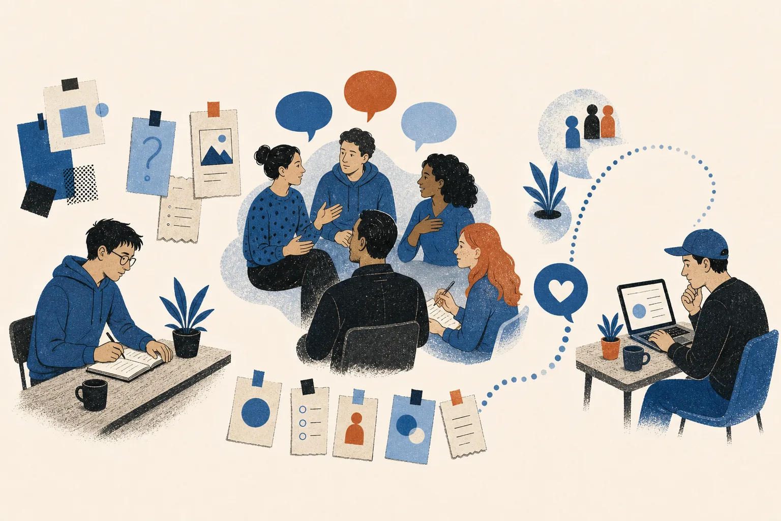 Editorial illustration of a founder turning community questions into a useful public conversation that reaches a potential user.