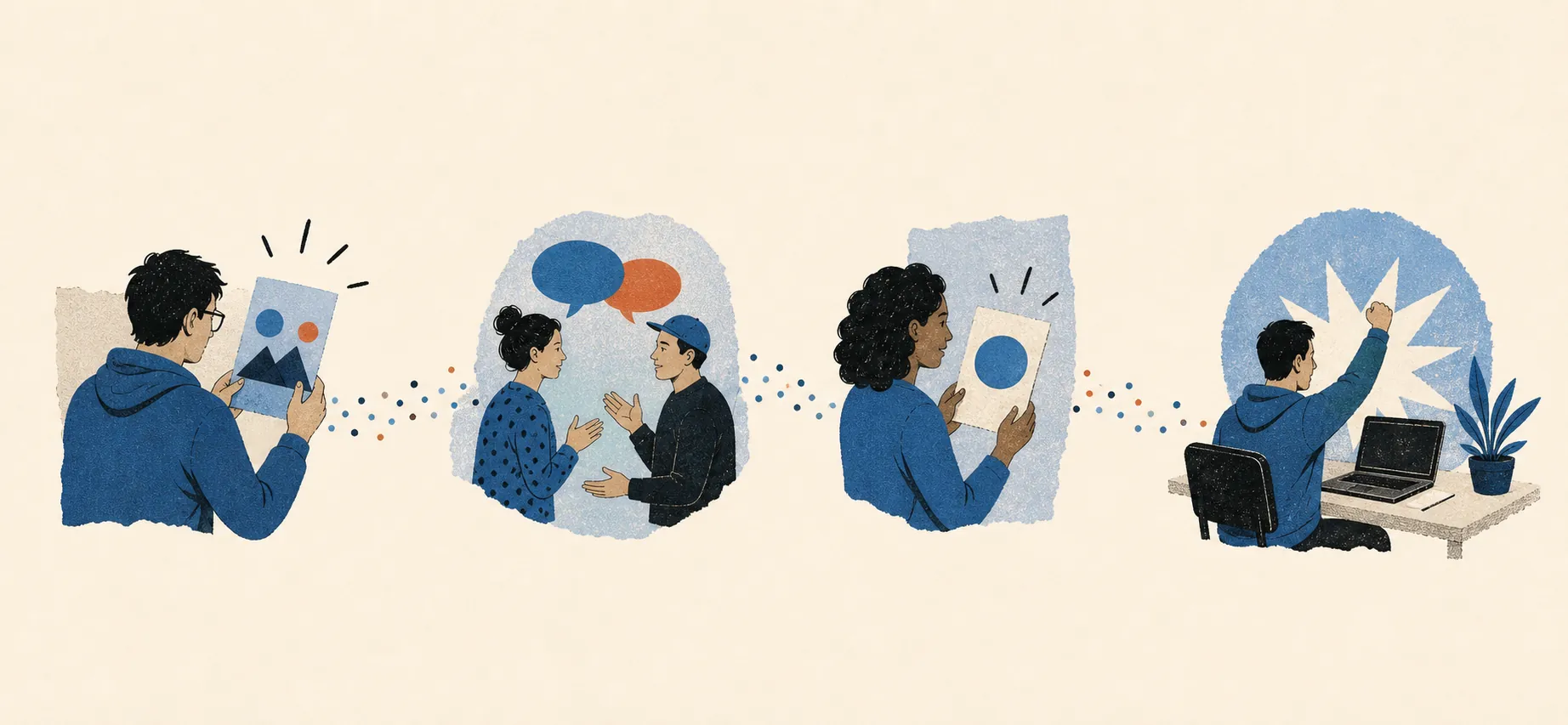 Editorial illustration of a public post moving through conversation, captured interest, and an observable customer outcome.