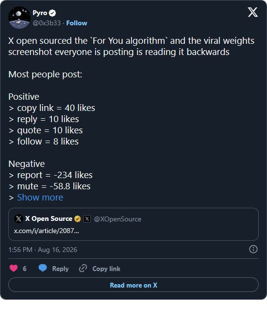 Screenshot of a public X post explaining that viral engagement-weight comparisons read the For You algorithm backwards.