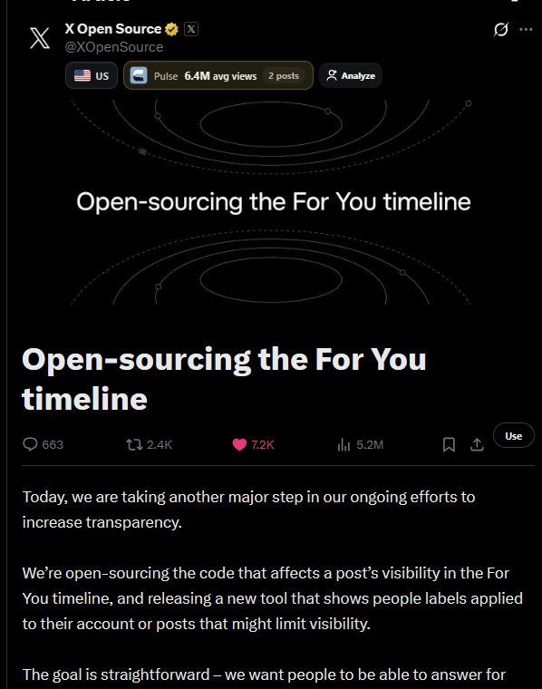 Screenshot of the official X Open Source article announcing the open-sourcing of the For You timeline on August 14, 2026.