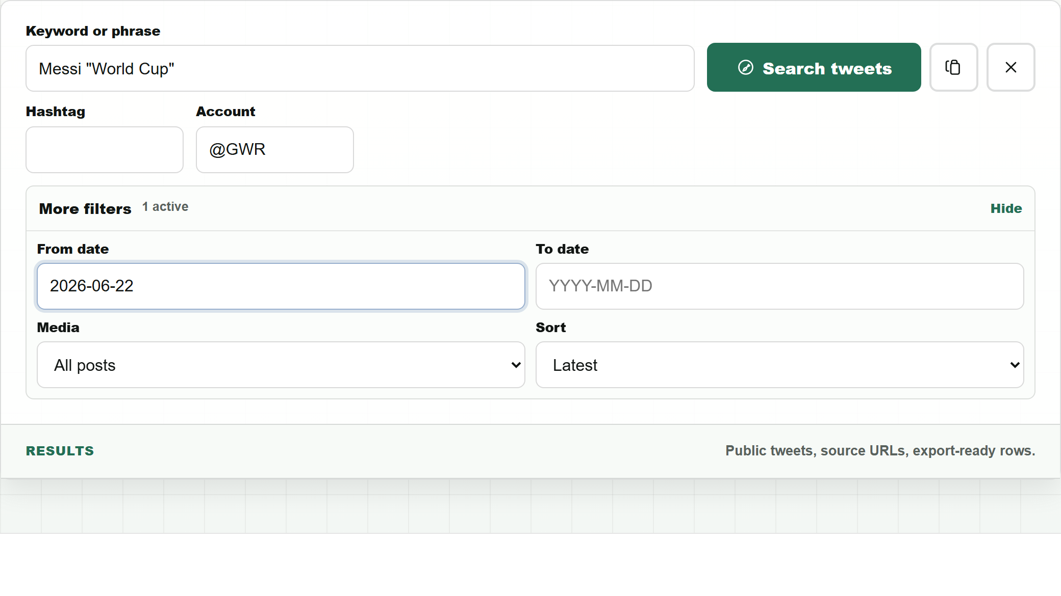Screenshot of CarryFeed Advanced Search with a Messi World Cup record query filled into the product interface.