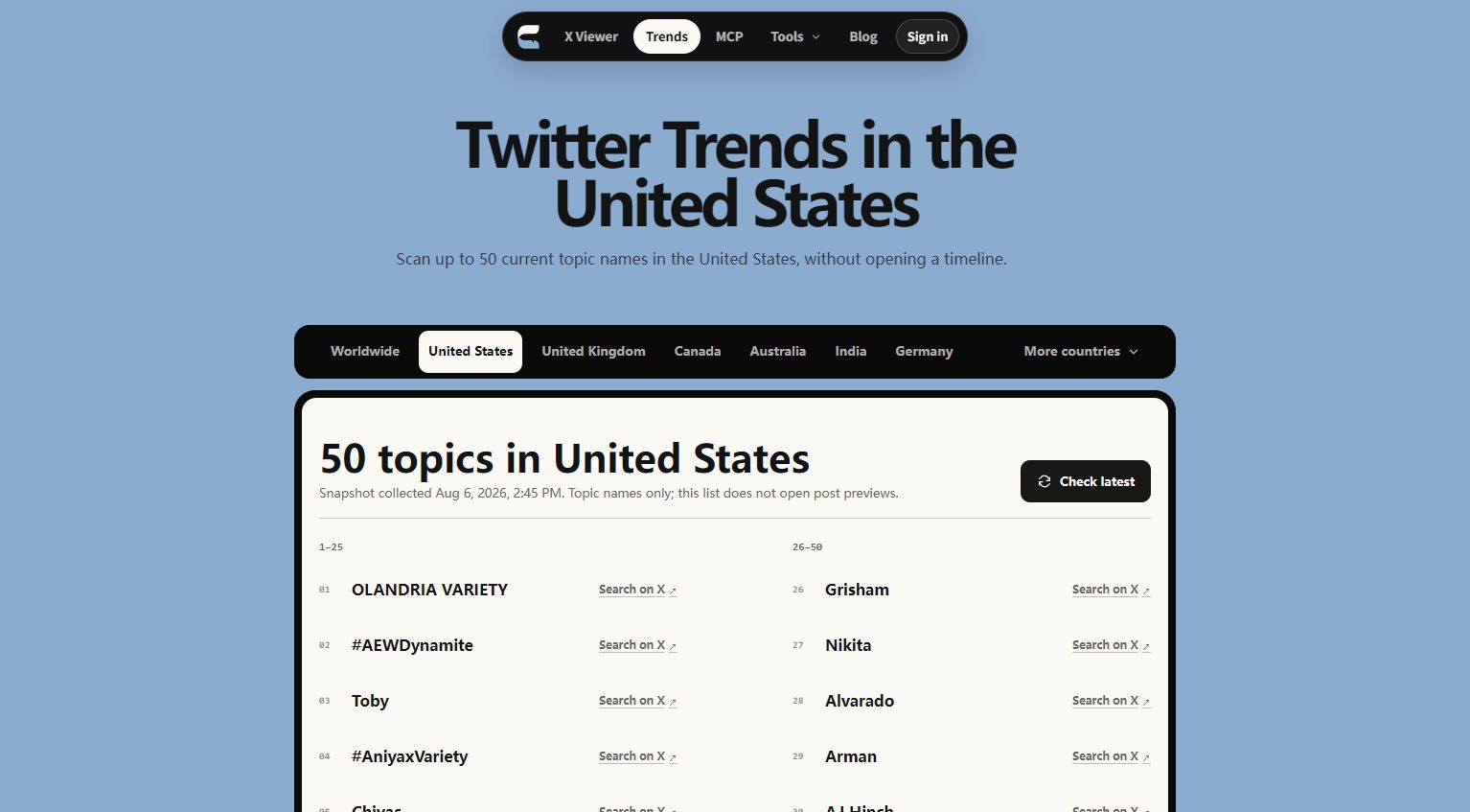 CarryFeed Twitter Trends page showing a timestamped United States list with links to investigate each topic