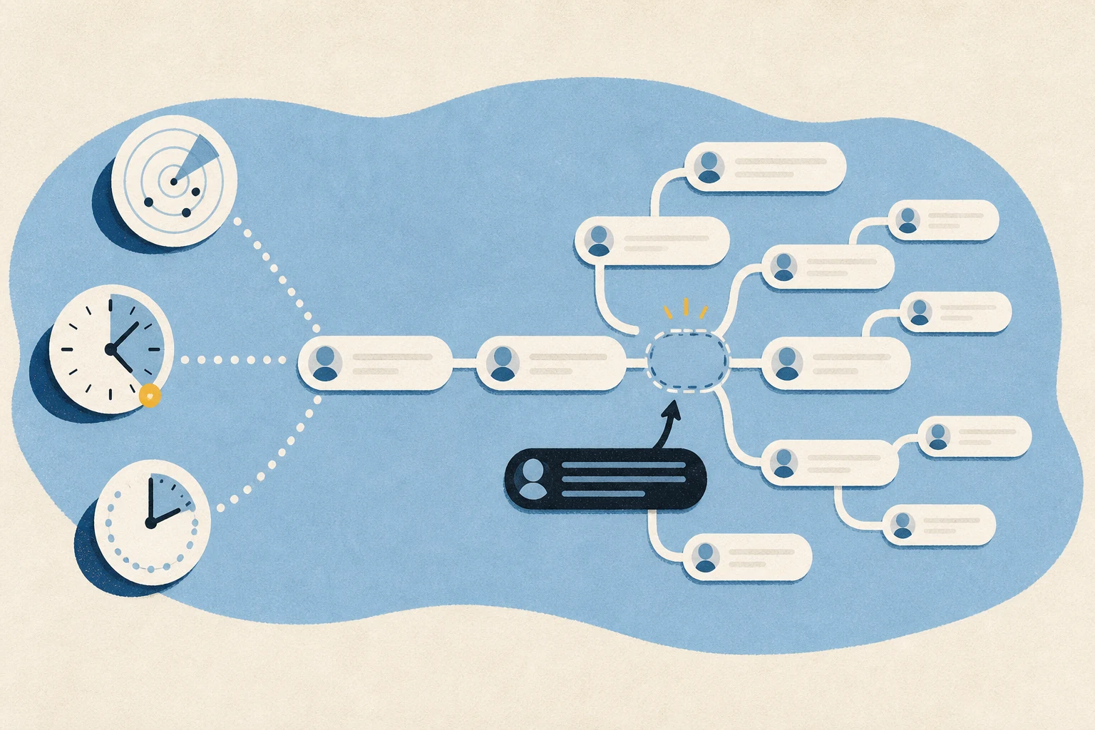 Editorial illustration of three timing signals converging on an open place in a branching public conversation