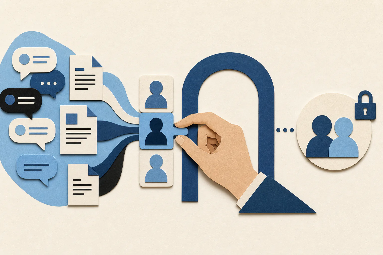 Editorial illustration of public conversations narrowing into a shortlist that a person reviews before choosing whether to connect.