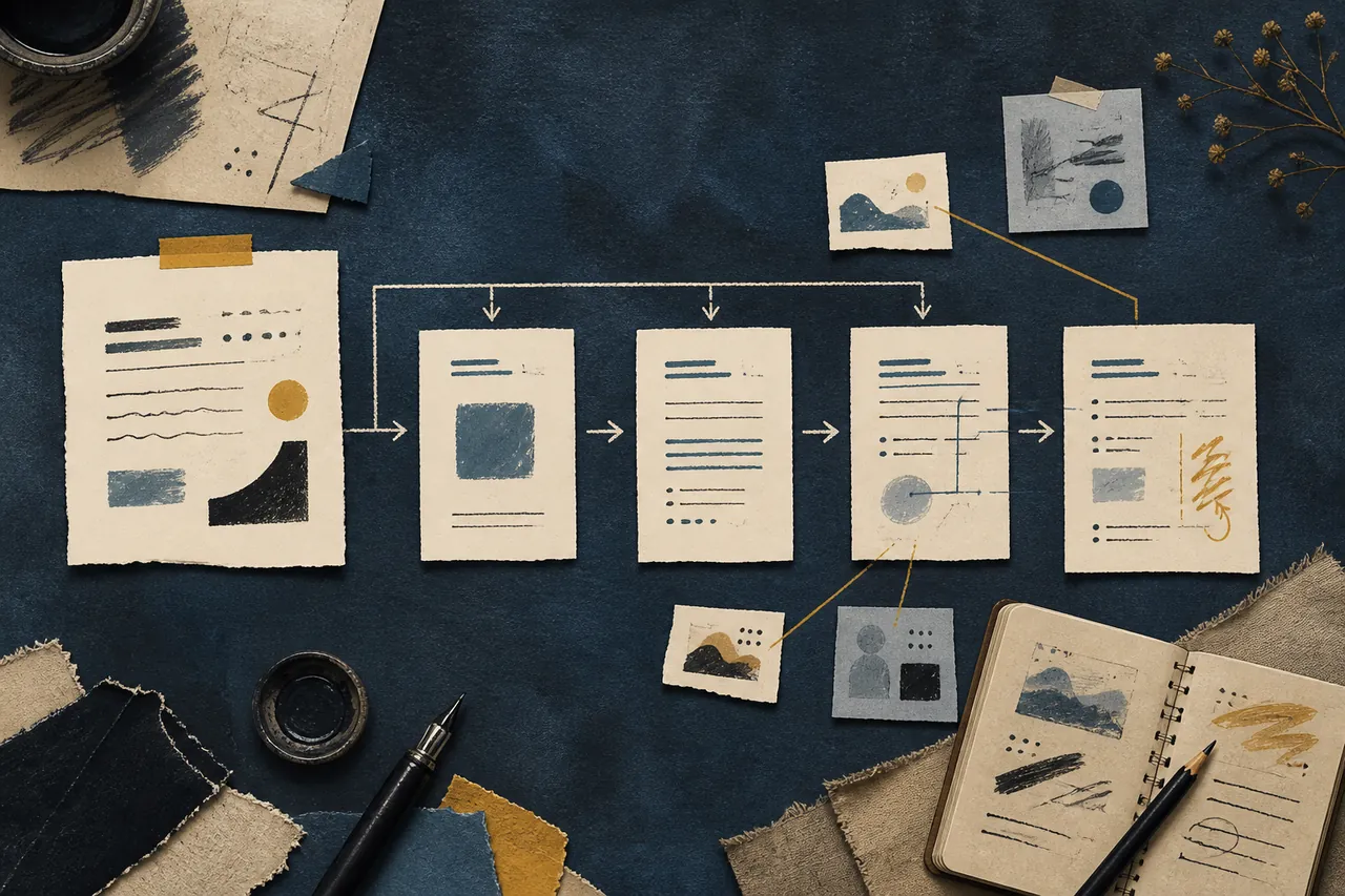 Editorial illustration of one source note leading to four reply drafts as context accumulates