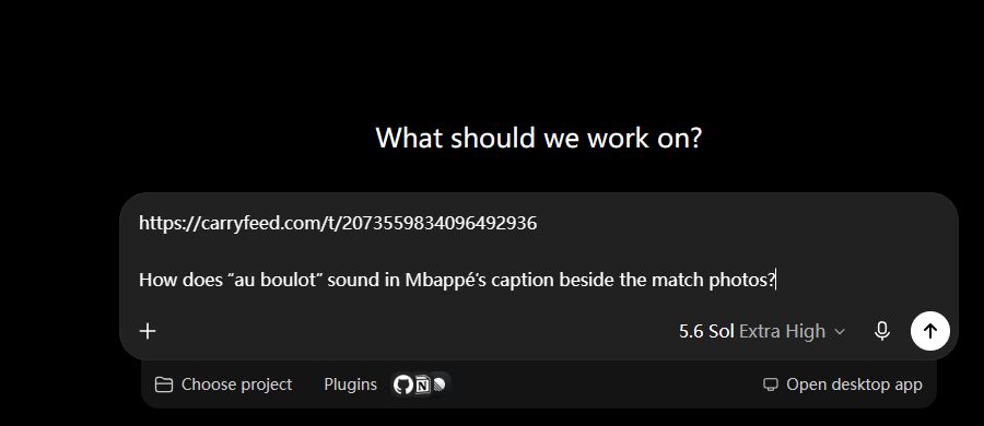 A new ChatGPT conversation with a CarryFeed result URL and a question about Kylian Mbappé's caption ready in the composer