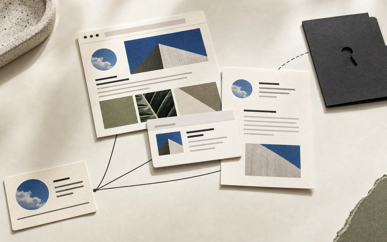 Editorial paper collage showing one public source branching into a direct web page, a link preview, and a focused reader, with private content closed separately