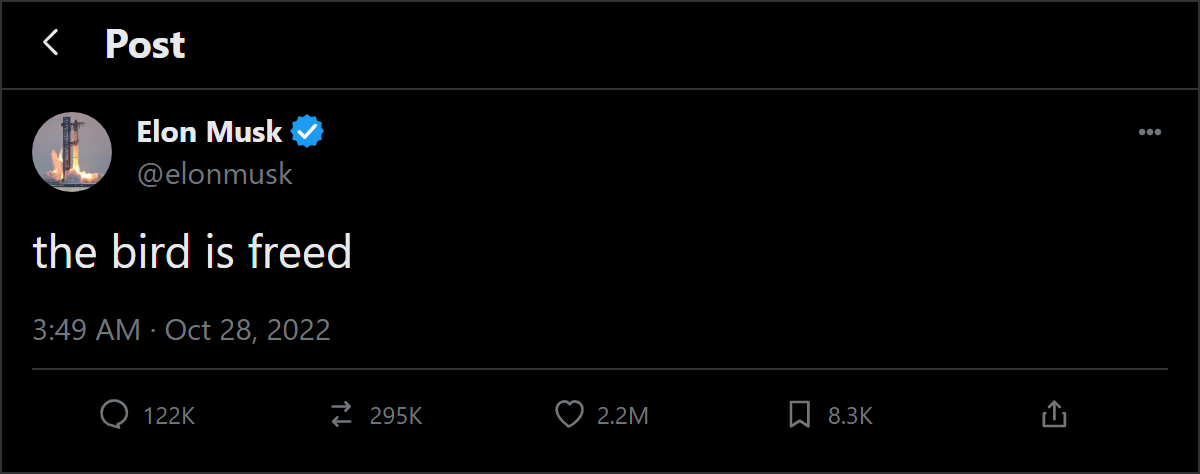 Dark X-style recreation of Elon Musk's public post reading the bird is freed, with public avatar and engagement counts.